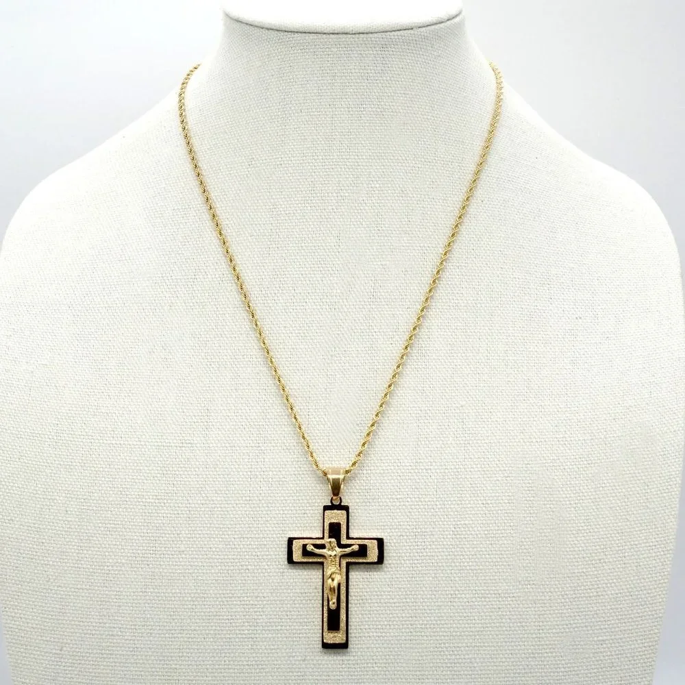Beautiful stainless steel gold crucifix with gold chain and engraving. - Picture 1 of 8